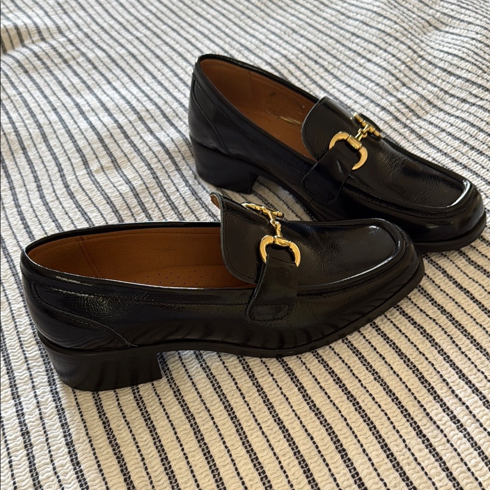 Black Leather Loafers with Gold Accents